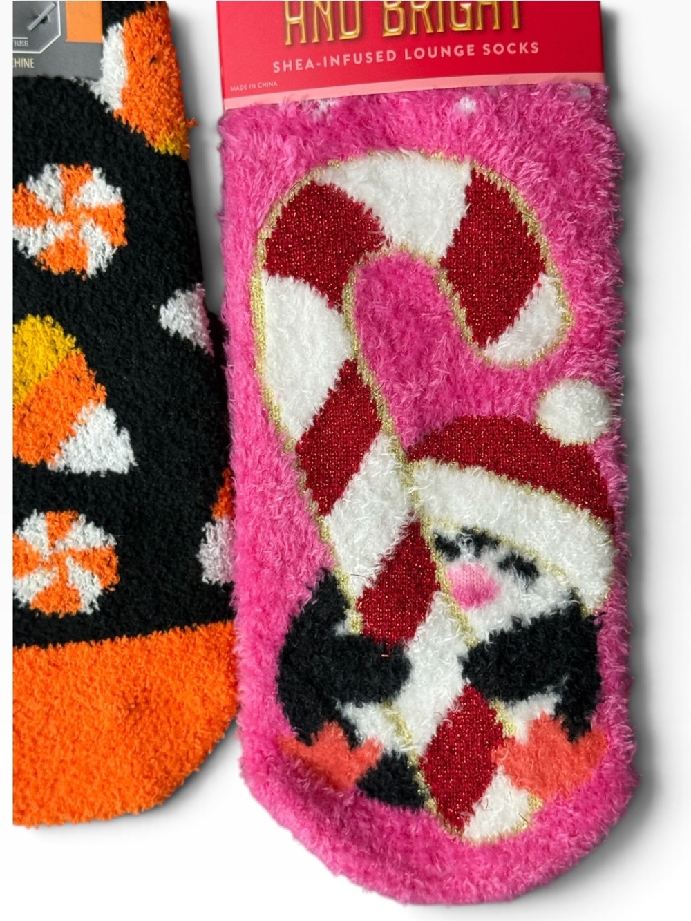 Shea Infused Penguin Candy Cain Socks Halloween Candy Corn 2 Pair NWT - Picture 3 of 11